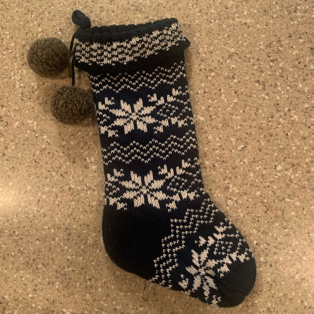 Blue and white knit Christmas stocking